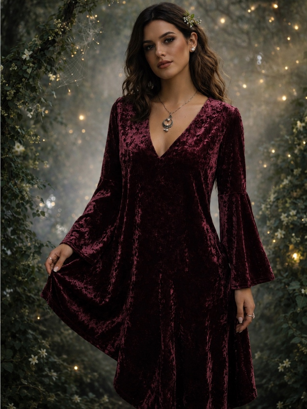 Ana Dress Womens Large Belle Sleeve Crushed Velvet Burgundy Witchy Whimsigoth